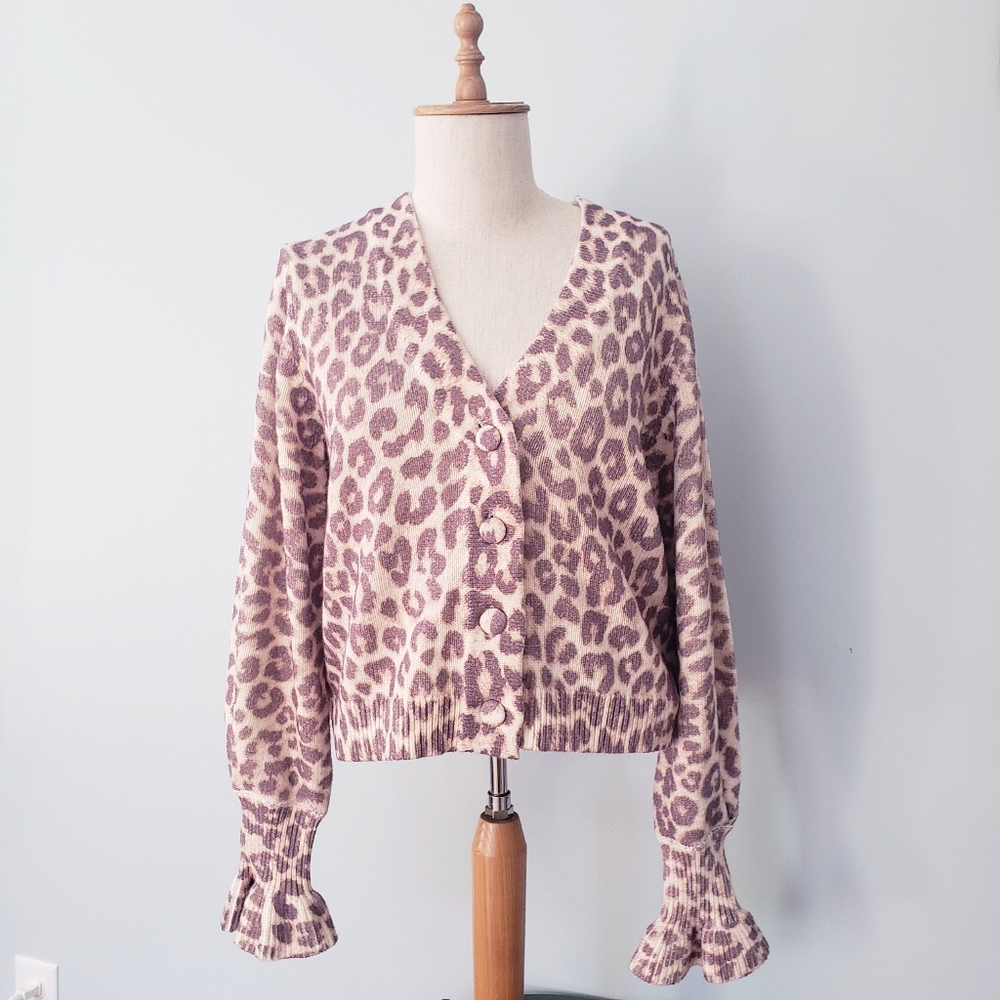 LoveShackFancy Leopard Print Boscom Cardigan Taupe Skies